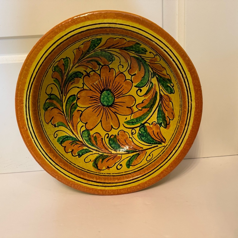Hand-Painted vintage Italy Floral Ceramic Bowl large yellow orange green pottery
